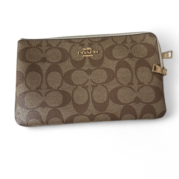 Coach Handbags - Coach Signature Brown Monogram Pouch Wristlet (No Strap) Double Zip Pouch 8x5”